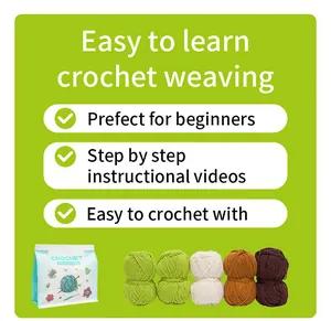 DIY crochet kit for beginners with colorful yarn rolls, tools, and instructional videos