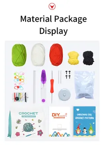 Gedetailleerde materiaallijst voor DIY-kersthaakpakket inclusief garen, haak en tools