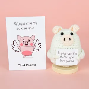 Handmade crochet pig doll gift set with motivational positive quote card and wood base