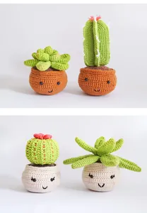 Close-up of four cute handmade crochet succulent and cactus potted plants with smiley faces