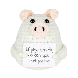 Handmade crochet pig doll with inspirational card for desk decor and stress relief