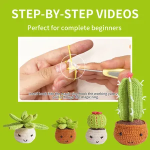 Handmade DIY Crochet Kit For Beginners Cactus Succulent Potted Plants With Acrylic Yarn And Video Instruction Decor