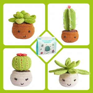 DIY Crochet Kit for Beginner including four potted succulent and cactus plants