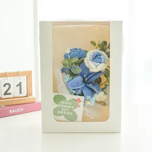 Handmade crochet flower bouquet in white window gift box for Women's Day celebration