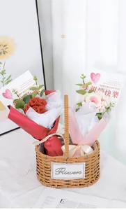 Detailed close-up of knitted tulip bouquet in a stylish woven basket for gift giving
