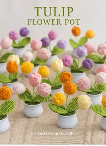 Detailed collection of handmade knitted tulip flower pots in various vibrant colors