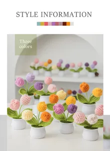 Macro detail of hand-knitted crochet tulip pot featuring colorful yarn flowers and white pots