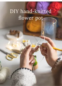 DIY hand-knitted tulip flower pot kit with white crochet petals and wooden base