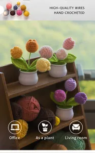 Detail of hand crocheted tulip potted plants in various colors for desk decoration