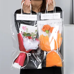 Handmade Knitted Carnation Tulip Flower Bouquet Yarn Crochet Flower With Transparent Gift Bag Greeting Card For Mother's Day Decor