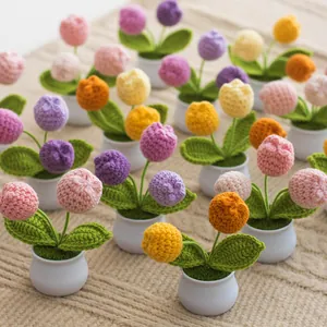 Handmade Knitted Tulip Potted Plant Artificial Wool Yarn Flower For Home Office Desktop Decor Teacher Mother Day Gift Women