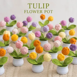 Handmade crochet tulip flower pots in vibrant colors for home desktop decoration