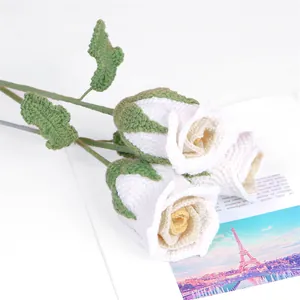 Vue détaillée de roses en laine blanches crochetées avec des centres jaunes doux