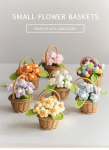Collection of seven colorful handmade knitted mini flower baskets for desk decoration