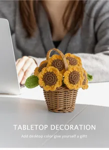 Close-up of handmade crochet sunflower basket as a cozy tabletop office desk decoration