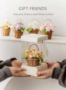 Detail of handmade crochet daisy gift box set in a mini woven basket with silk handle
