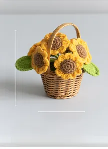 Handmade crochet sunflower basket detail with dimensions 14cm height and 10cm width