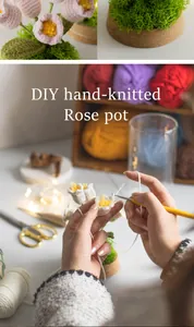 Nahaufnahme von DIY Häkelset für Rosen-Topfpflanze mit Häkelnadeln und Wollgarn Set