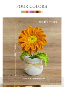 Tournesol au crochet fait main en pot blanc avec dimensions détaillées pour déco