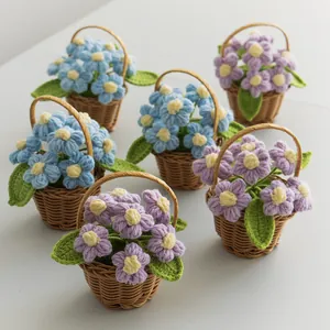 6-piece handmade crochet puff flower potted plants in mini brown baskets for desk decor