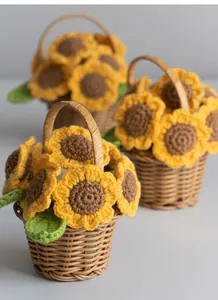 Detailed close-up of handmade crochet sunflower baskets with intricate knitted yellow petals