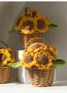 Close-up of handmade crochet sunflower in a woven basket with natural light and shadow