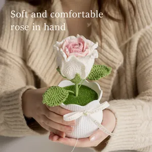 Handmade knitted rose crochet flower pot with white ribbon for office desk decoration