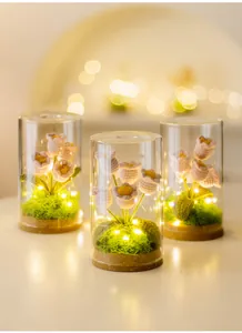 Drei handgehäkelte Tulpenlampen im Glas mit warmem LED-Licht auf Holzsockel
