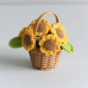 Handmade crochet sunflower basket centerpiece with yellow petals and brown woven base