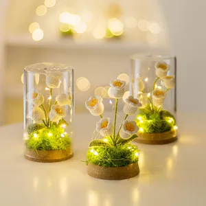 Handgefertigte Gehäkelte Maiglöckchen Nachtlicht Im Glasdom Mit Holzsockel Warmes LED Blumenstrauß Schreibtisch Dekoration Geschenk