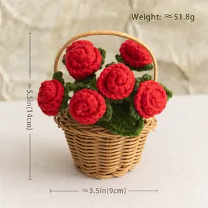 Handmade crochet red rose flower basket desktop ornament with knit greenery, 5.5 inch height