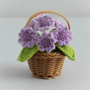 Handmade crochet lavender potted plant in a miniature brown woven basket ornament