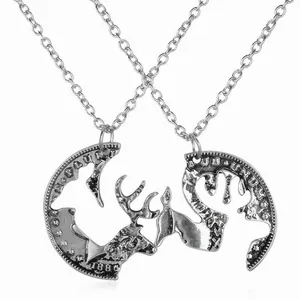 Vintage stag and doe coin necklace set for best friends in silver plated alloy