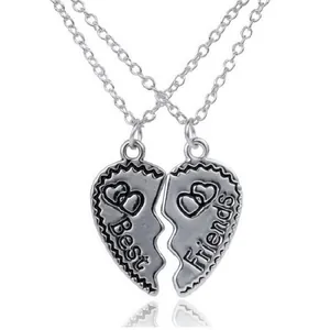 Silver Best Friends broken heart pendant necklace set for BFFs with vintage texture