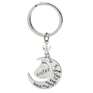 Silver I Love You To The Moon And Back sister heart moon keychain with clear bead