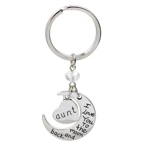 Silver I Love You Aunt keychain with heart and moon charms plus a crystal bead