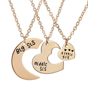 Three-piece gold sister heart necklace set with Big Middle Little Sis engravings