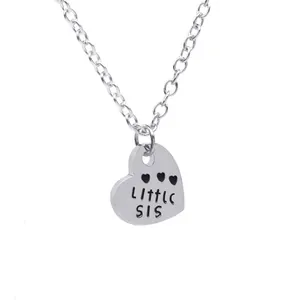 Asymmetric silver heart pendant necklace with Little Sis engraving and O-chain for girls