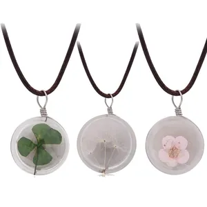 Collier Pendentif en Verre Fleurs Séchées Fait Main Véritable Spécimen de Pissenlit Jonquille Vintage Simple Bijoux Cordon de Cire Cadeau Femme