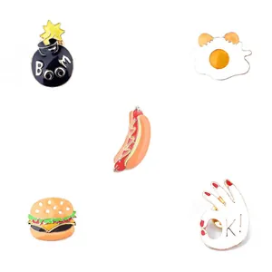 Set of 5 cartoon enamel pins featuring burger hotdog fried egg bomb and OK gesture