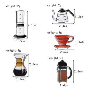 Detailed size and weight chart for five cartoon coffee brewing enamel pin styles
