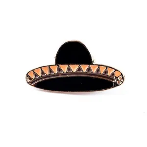 Spilla smaltata Sombrero messicano nera con motivi geometrici arancioni e bordo dorato
