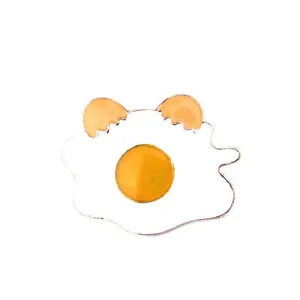 Cute cartoon fried egg enamel brooch pin with tiny eggshell ears and golden metal edges