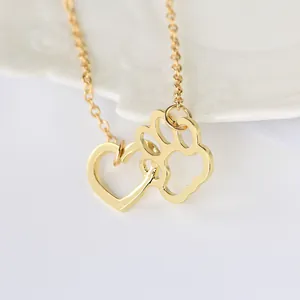 Elegant gold-tone heart and pet paw print pendant necklace with fine cable chain link