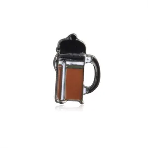 Cartoon enamel French Press coffee brewer brooch pin with silver metal outlines on white