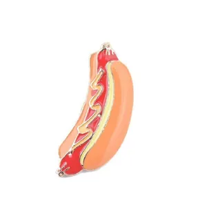 Cute anthropomorphic hot dog enamel pin with red sausage and golden metal edges