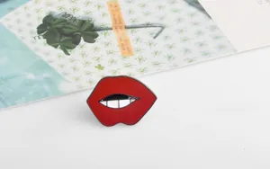 Detailed view of a sexy red lips brooch with enamel finish on a white decorative background