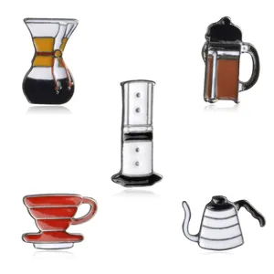 Cartoon Enamel Coffee Equipment Brooch Pin Manual Kettle Filter Pot Press Style Alloy Metal Badge Decorative Jewelry Accessories