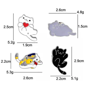 Detailed size chart for four unique cartoon cat enamel pins with dimensions and weights