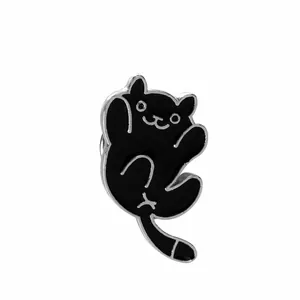 Cute jumping black cat enamel brooch pin with polished silver metallic outlines